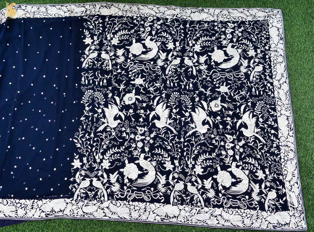 Blue Handcrafted Parsi Gara Pure Georgette Saree - Khinkhwab