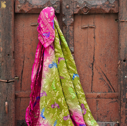 Olive Green &amp; Pink Georgette Handloom Bandhani Banarasi Dupatta - Khinkhwab