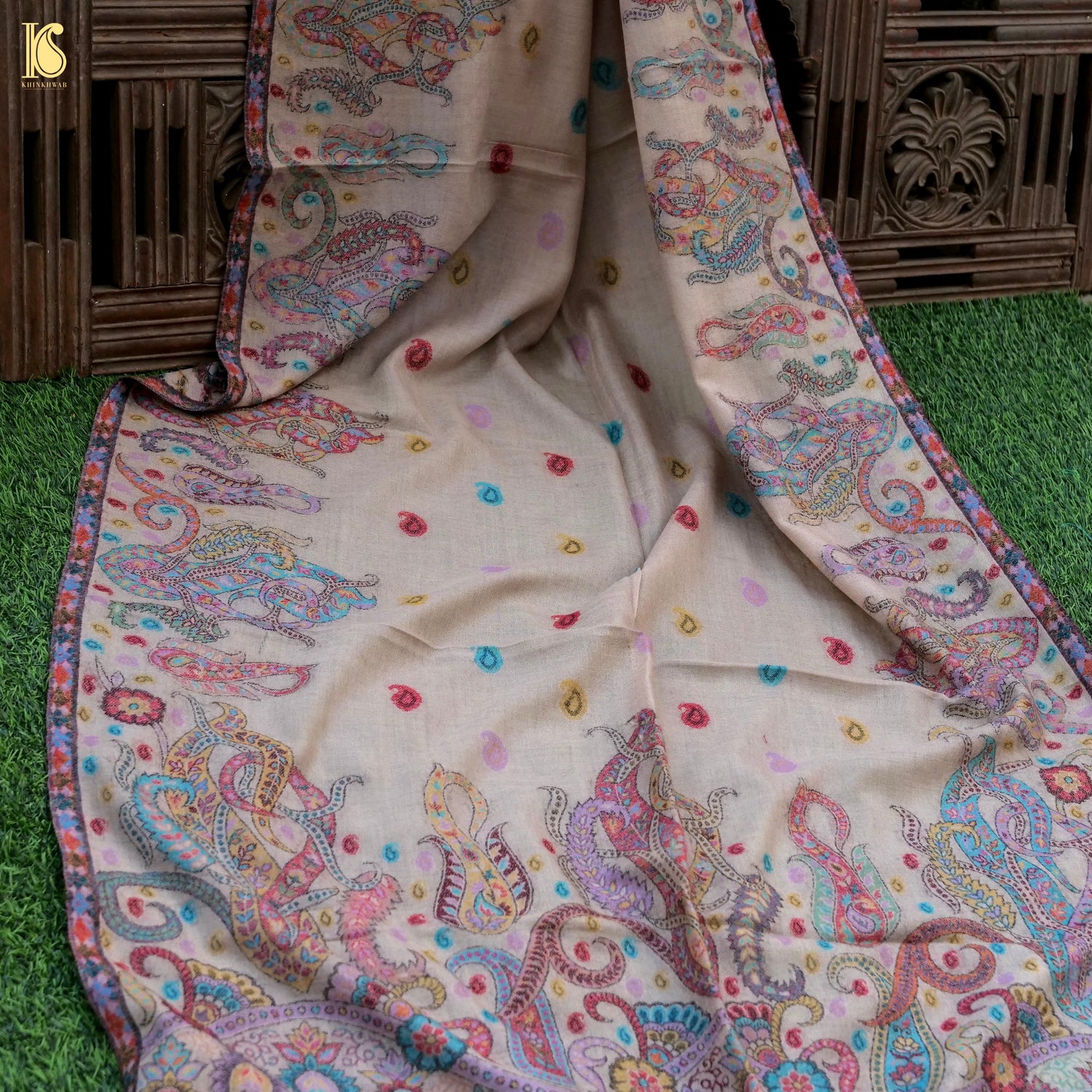 Pink Swan Pashmina Handwoven Kani Weave Kashmiri Stole - Khinkhwab