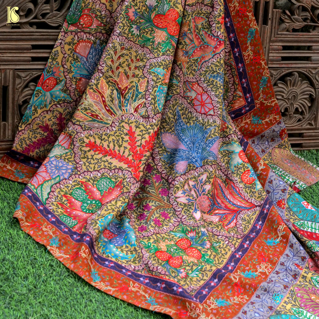 Handwoven Kalamkari Sozni Weave Kashmiri Shawl - Khinkhwab