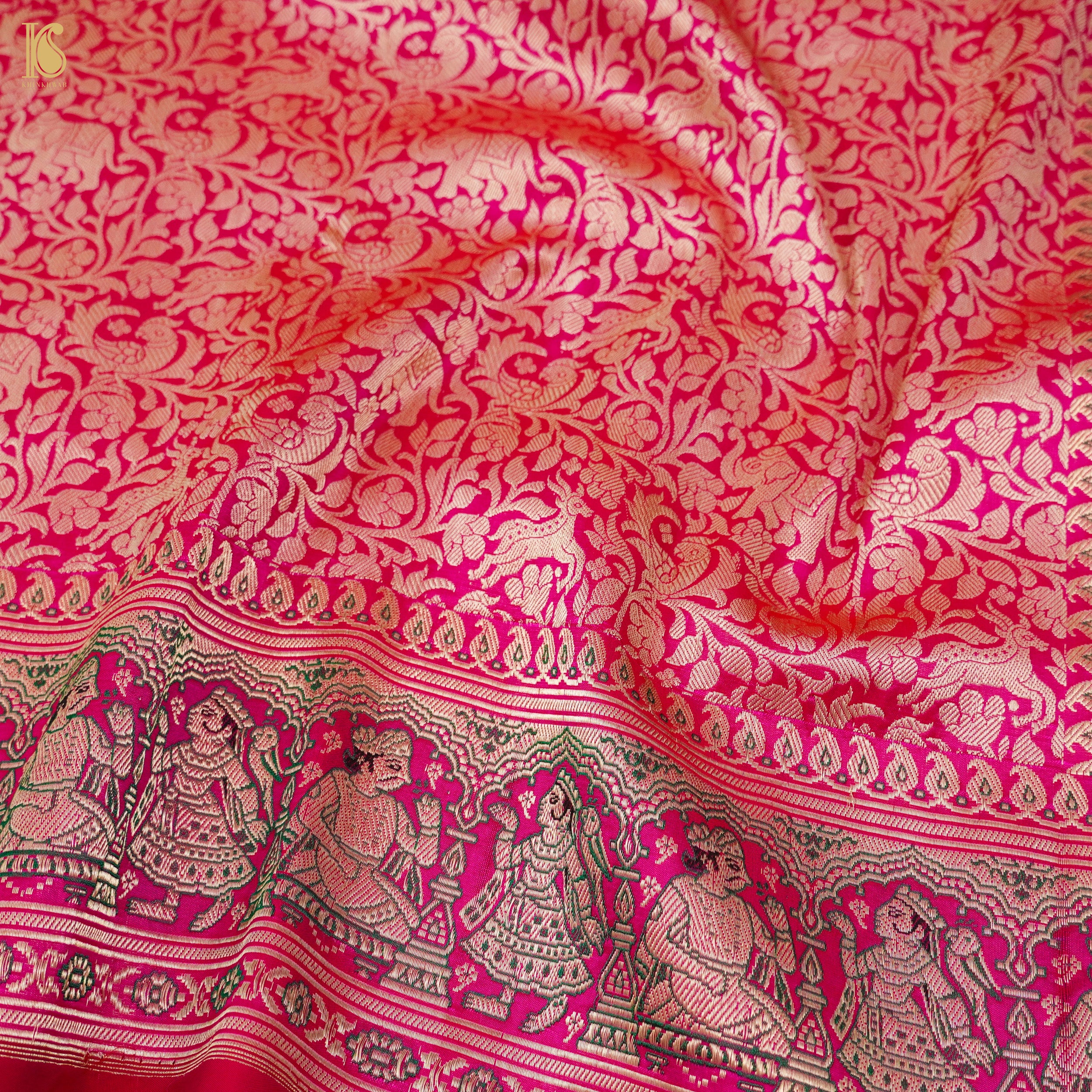 Ruby Pink Pure Katan Silk Baluchari Shikargah Banarasi Saree - Khinkhwab