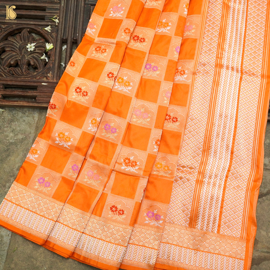 Pumpkin Orange Handloom Banarasi Pure Katan Silk Kadwa Saree - Khinkhwab