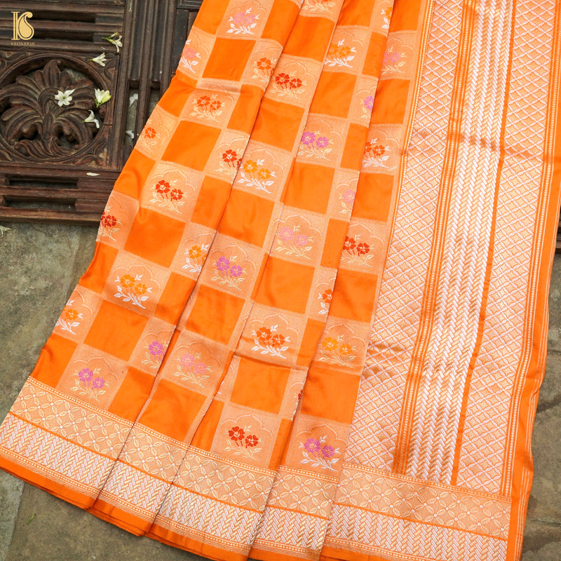 Pumpkin Orange Handloom Banarasi Pure Katan Silk Kadwa Saree - Khinkhwab