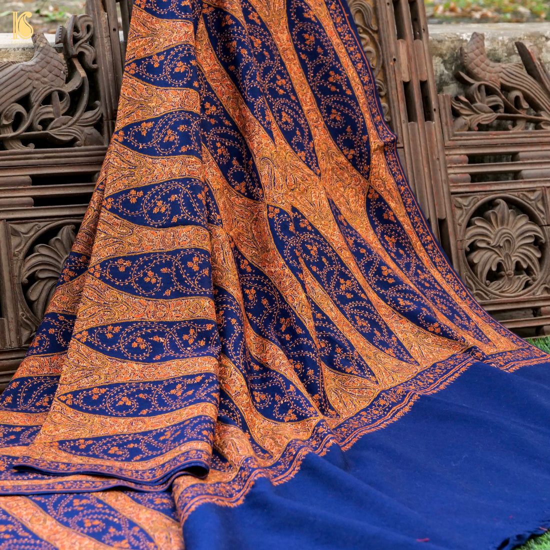 Blue Pashmina Sozni Hand Embroidery Kashmiri Paisely Shawl - Khinkhwab