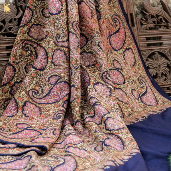 Blue Pashmina Sozni Hand Embroidery Kashmiri Jamawar Shawl - Khinkhwab