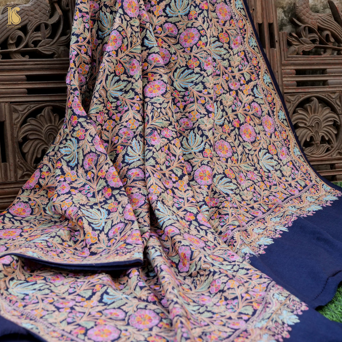 Blue Pashmina Sozni Hand Embroidery Kashmiri Chinar Shawl - Khinkhwab