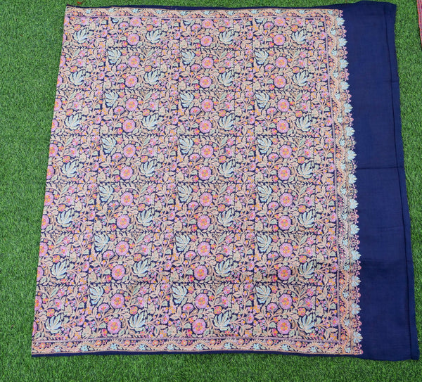 Blue Pashmina Sozni Hand Embroidery Kashmiri Chinar Shawl - Khinkhwab
