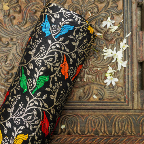 Handwoven Black Pure Katan Silk Banarasi Birds Fabric - Khinkhwab