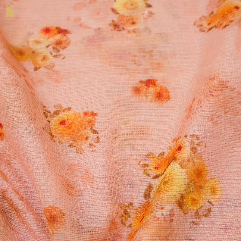 Shilo Pink Pure Kota Silk Print Floral Fabric - Khinkhwab