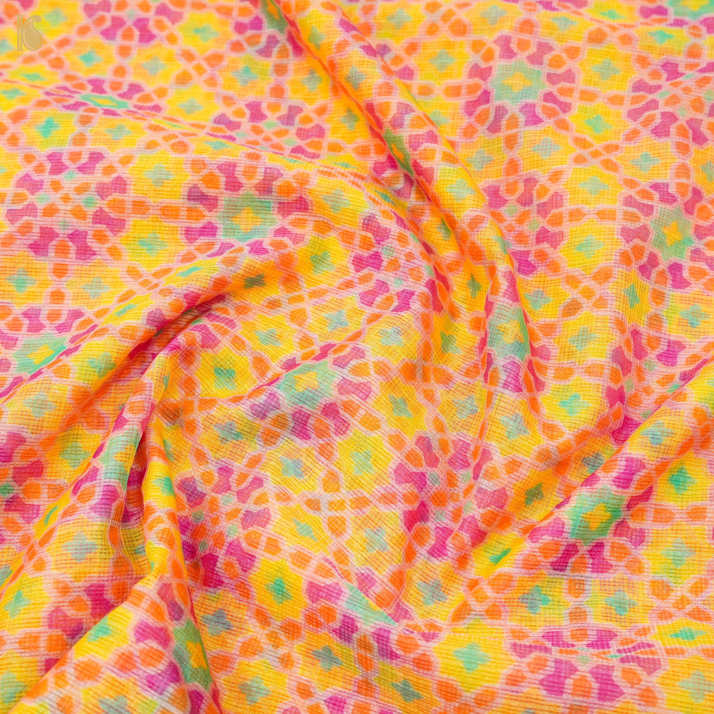 Nilufer - Golden Tainoi Yellow Pure Kota Silk Print Fabric - Khinkhwab
