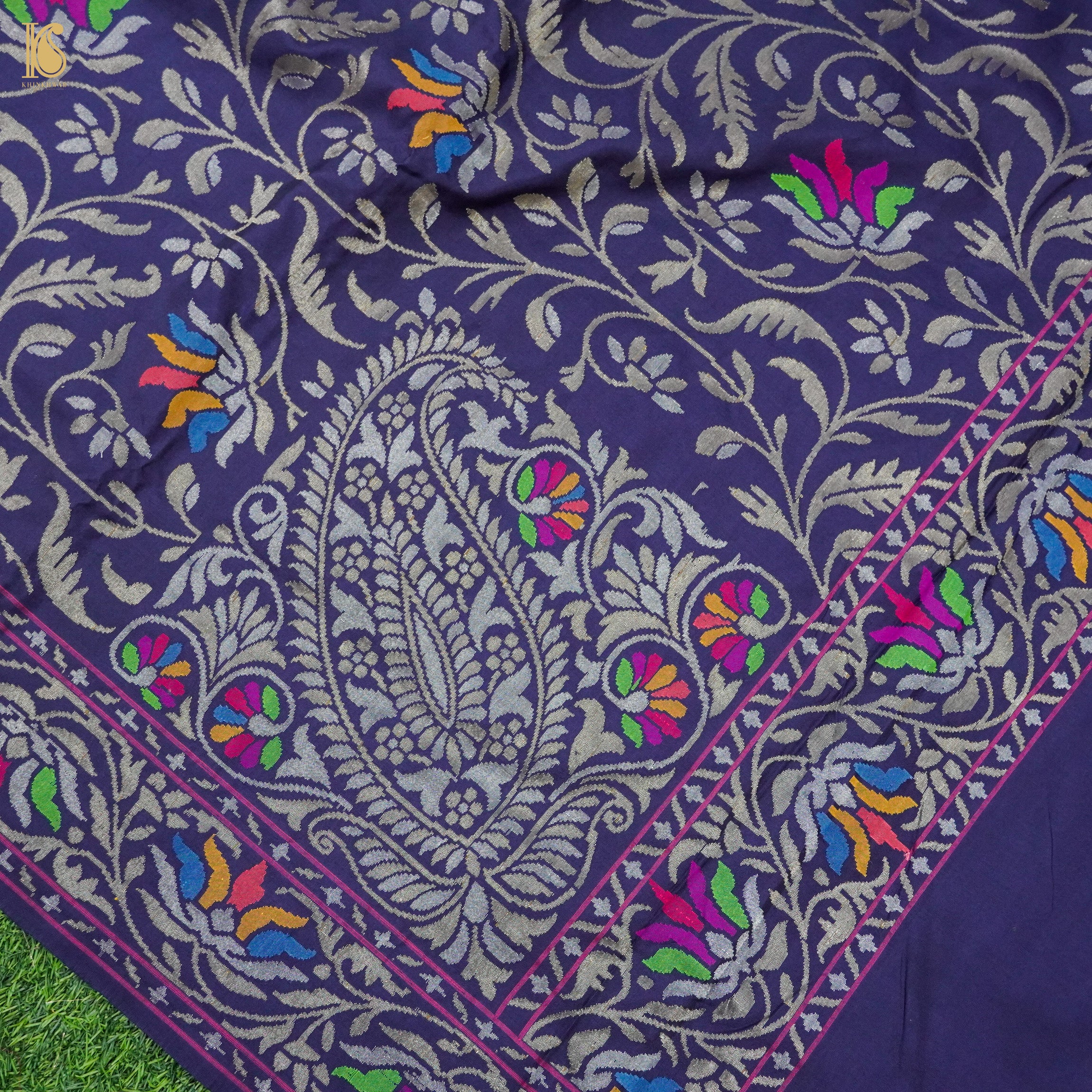 Neelambari Handwoven Pure Silk Real Zari Banarasi Meenakari Jamdani Saree - Khinkhwab