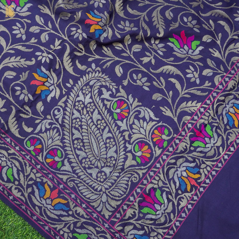 Neelambari Handwoven Pure Silk Real Zari Banarasi Meenakari Jamdani Saree - Khinkhwab