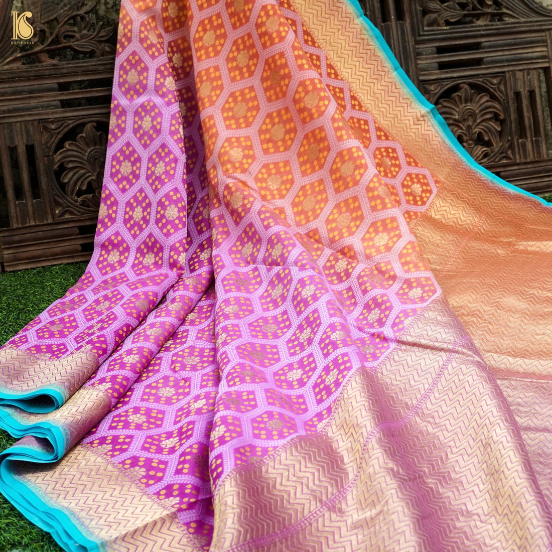 Persian Pink &amp; Orange Pure Georgette Banarasi Honeycomb Saree - Khinkhwab