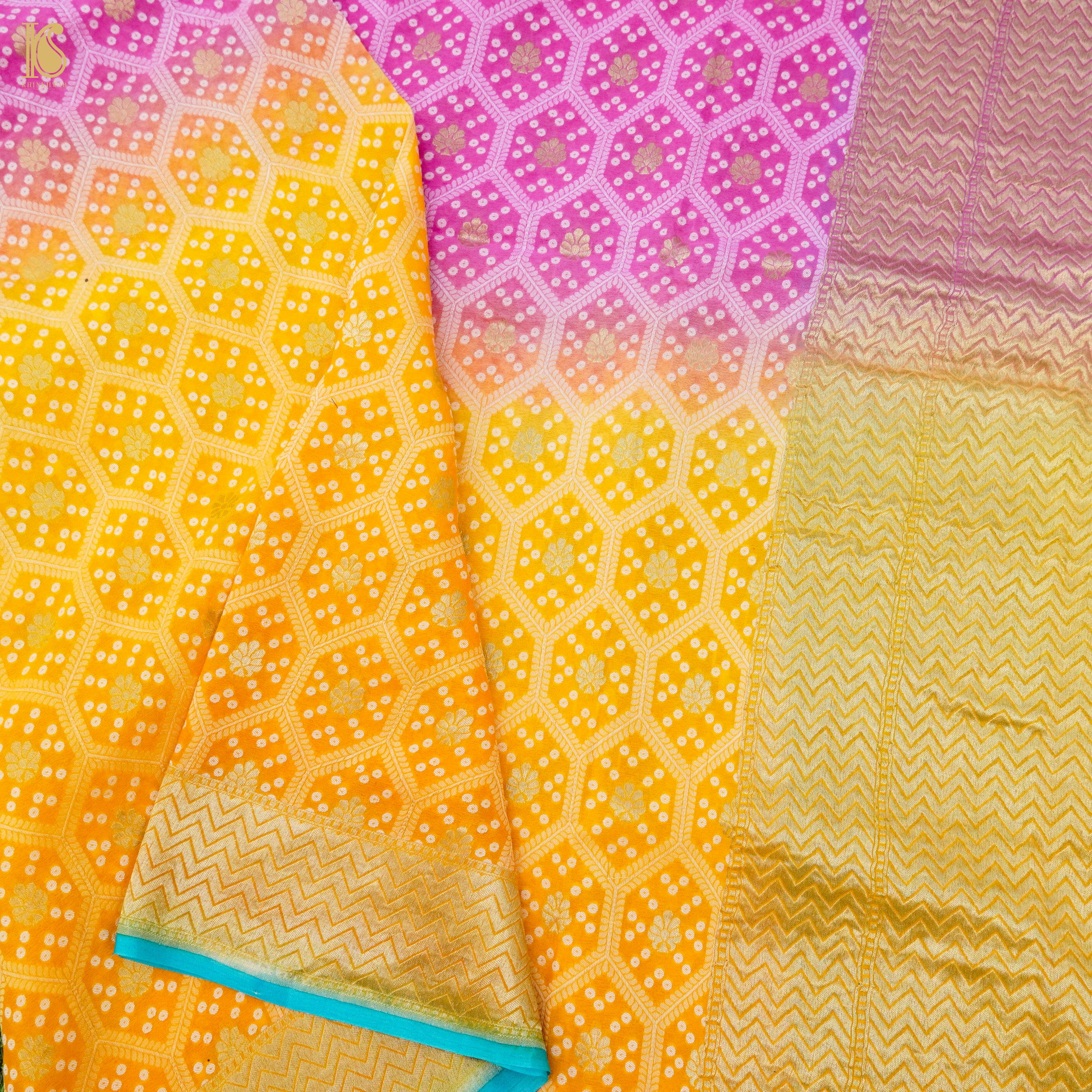 Pink &amp; Yellow Pure Georgette Banarasi Honeycomb Saree - Khinkhwab