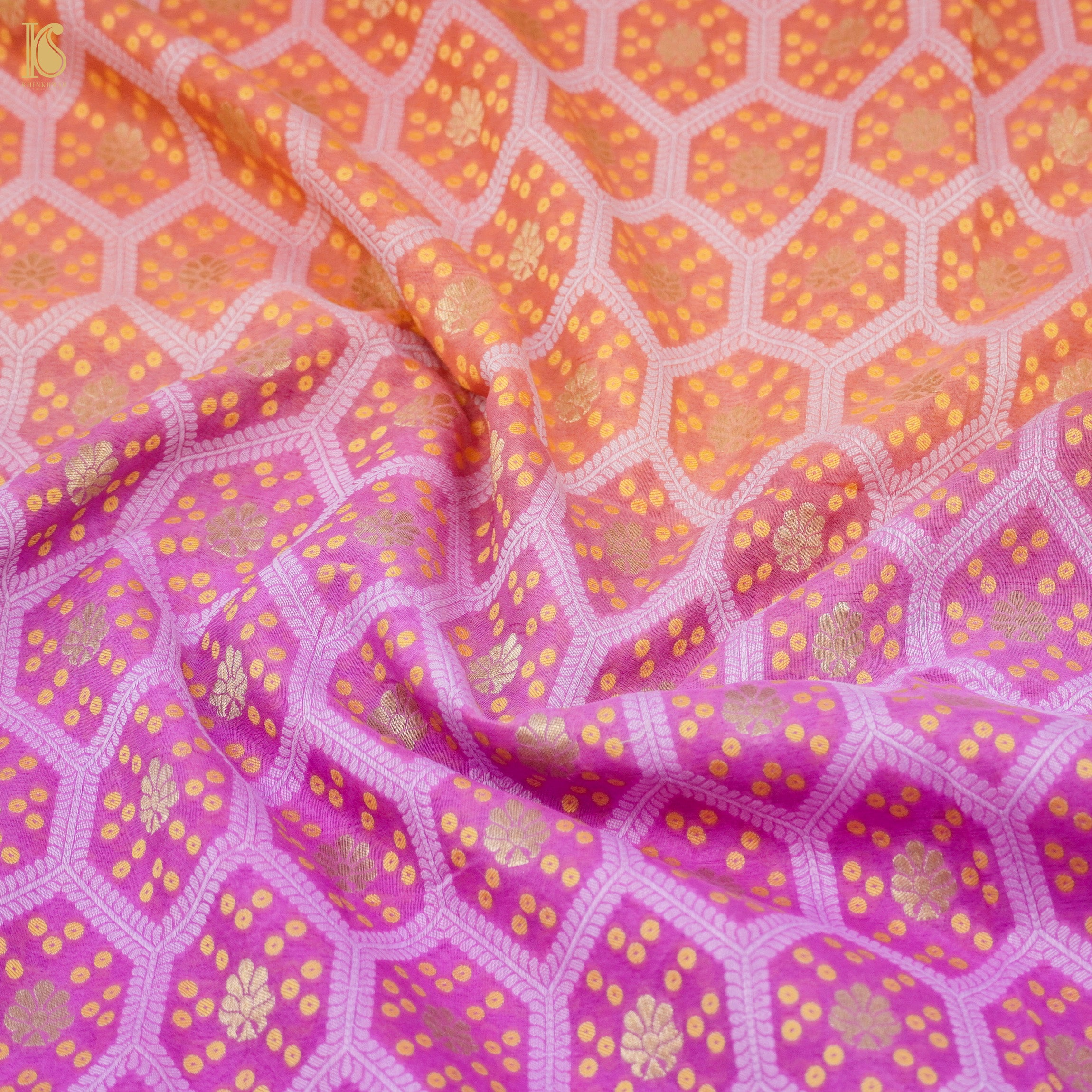 Persian Pink &amp; Orange Pure Georgette Banarasi Honeycomb Saree - Khinkhwab