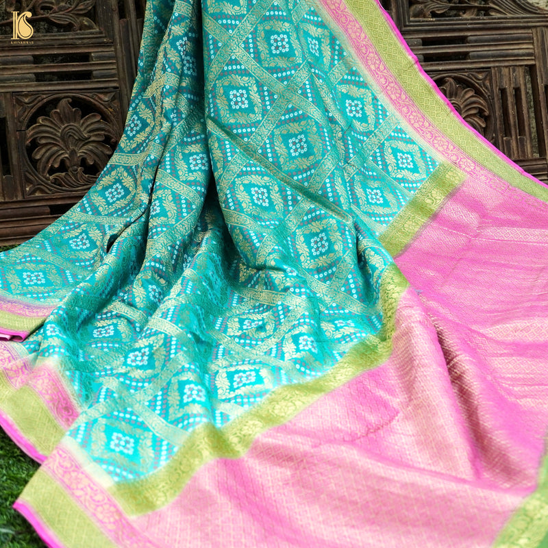Turquoise Blue Pure Georgette Banarasi Woven Bandhani Saree - Khinkhwab