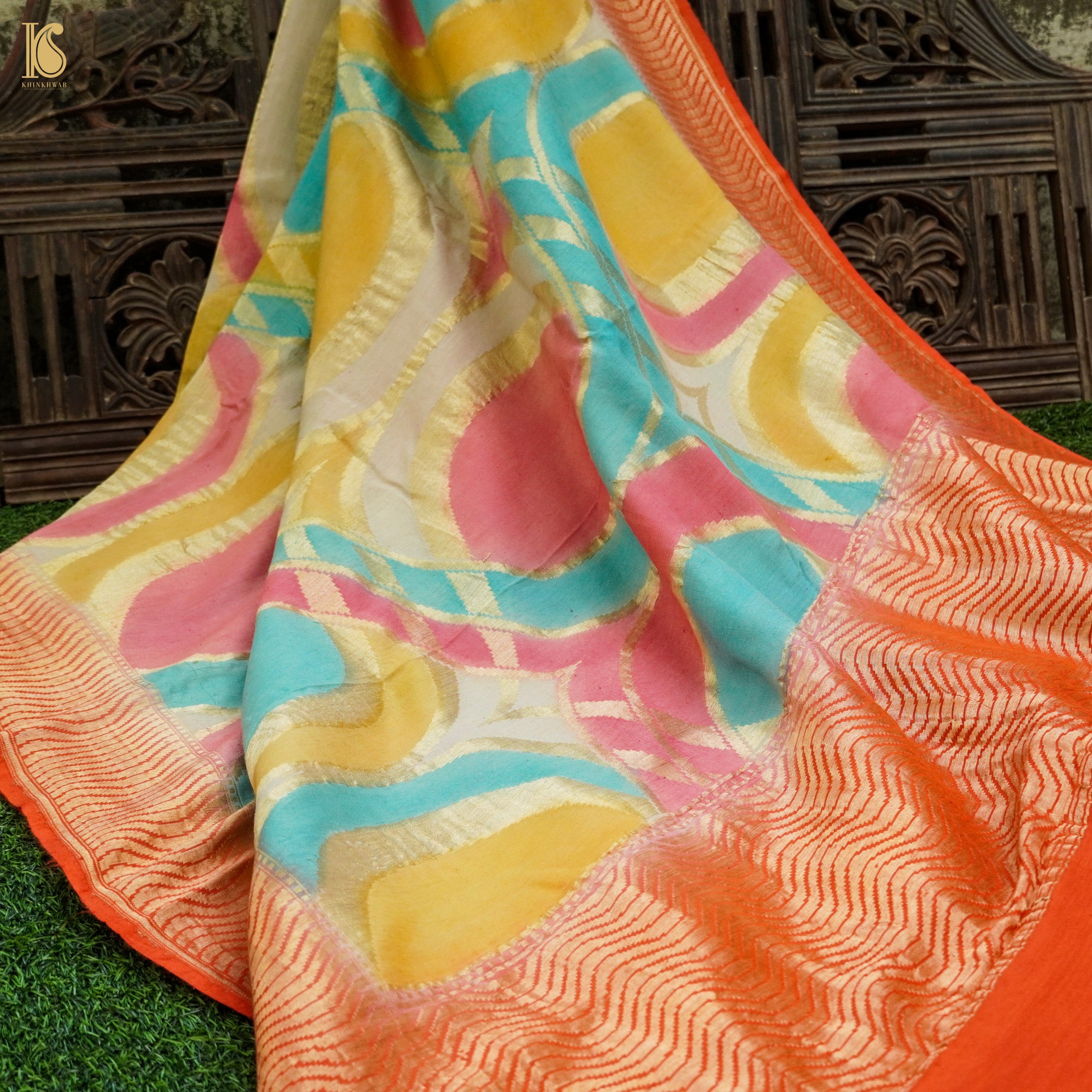 Multicolor Pure Moonga Silk Handloom Banarasi Gemoteric Saree - Khinkhwab