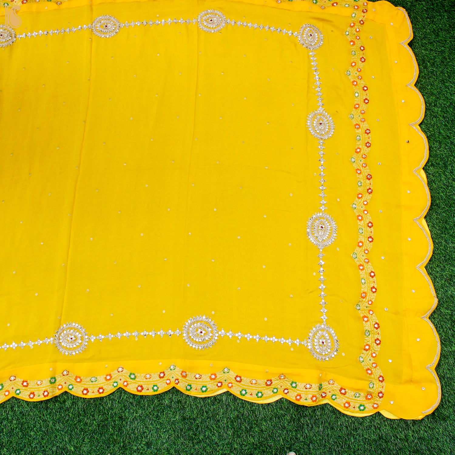 Gamboge Yellow Pure Georgette Banarasi Scalloped Dupatta with Embriodery - Khinkhwab
