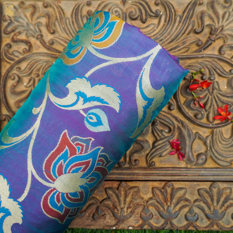 Blue Marguerite Pure Katan Silk Banarasi Meenakari Handloom Fabric - Khinkhwab