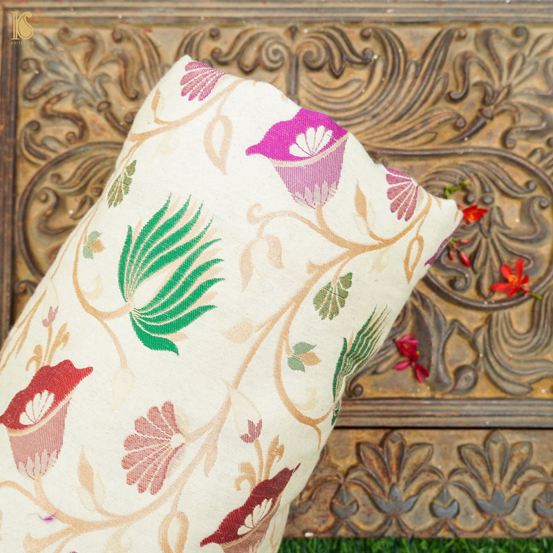 White Moonga Silk Handloom Banarasi Meenakari Fabric - Khinkhwab