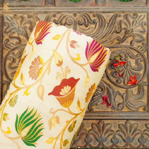 Off White Moonga Silk Handloom Banarasi Meenakari Fabric - Khinkhwab