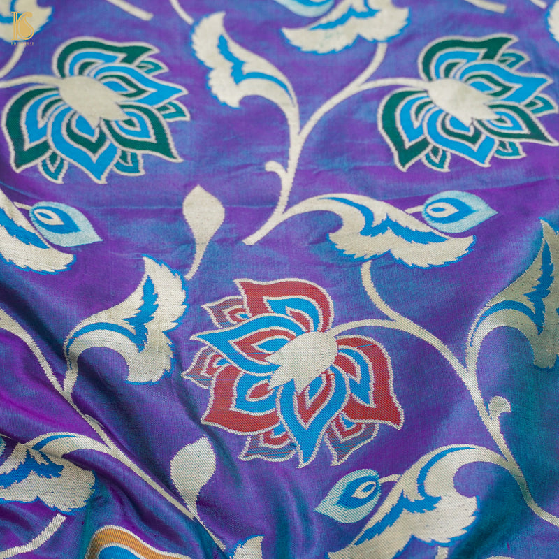 Blue Marguerite Pure Katan Silk Banarasi Meenakari Handloom Fabric - Khinkhwab