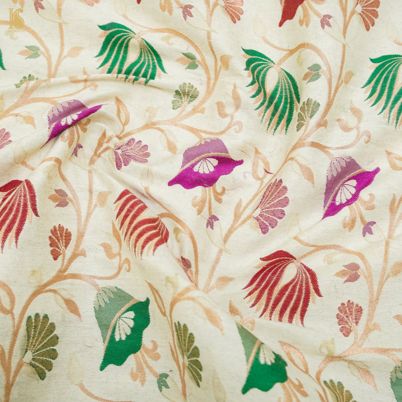 White Moonga Silk Handloom Banarasi Meenakari Fabric - Khinkhwab
