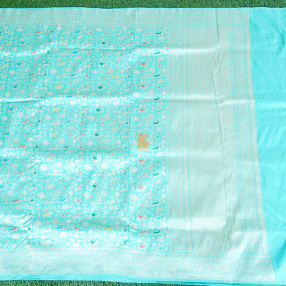Handloom Katan Silk Turquoise Banarasi Shikargah Saree - Khinkhwab