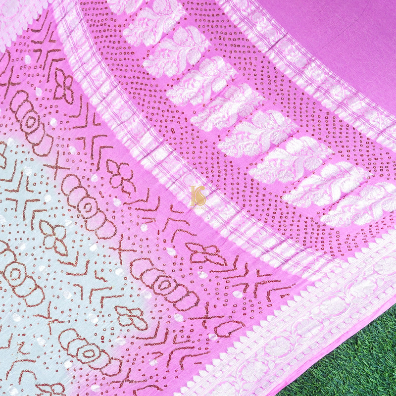 Pink & White Pure Georgette Handloom Banarasi Bandhani Saree - Khinkhwab