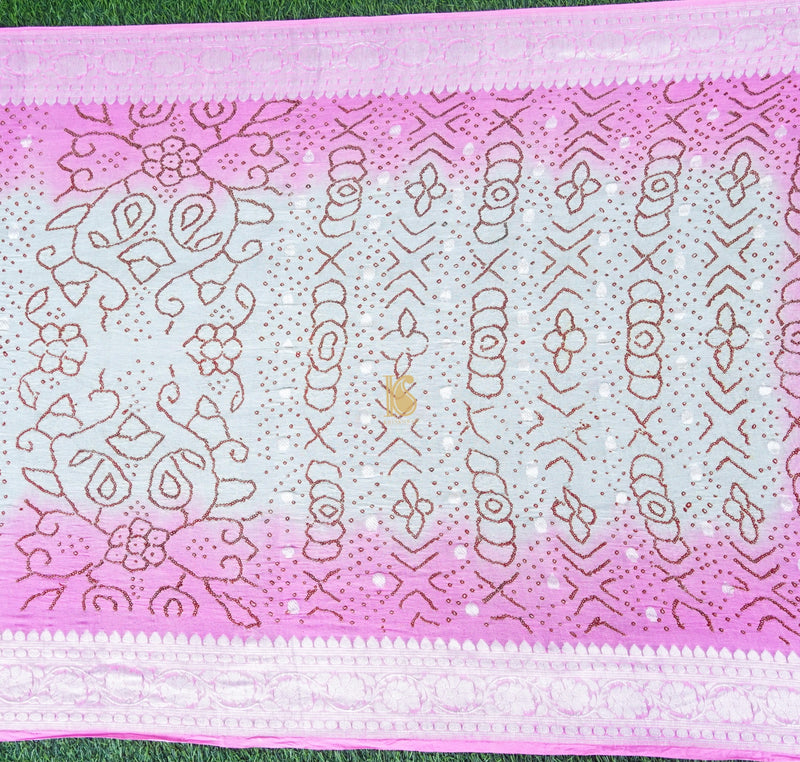 Pink & White Pure Georgette Handloom Banarasi Bandhani Saree - Khinkhwab