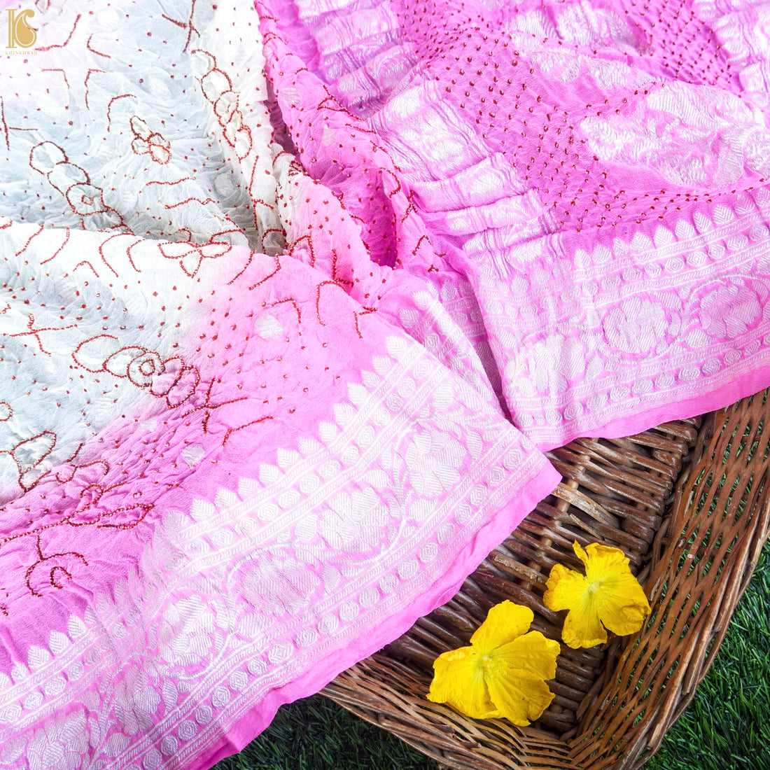 Pink & White Pure Georgette Handloom Banarasi Bandhani Saree - Khinkhwab