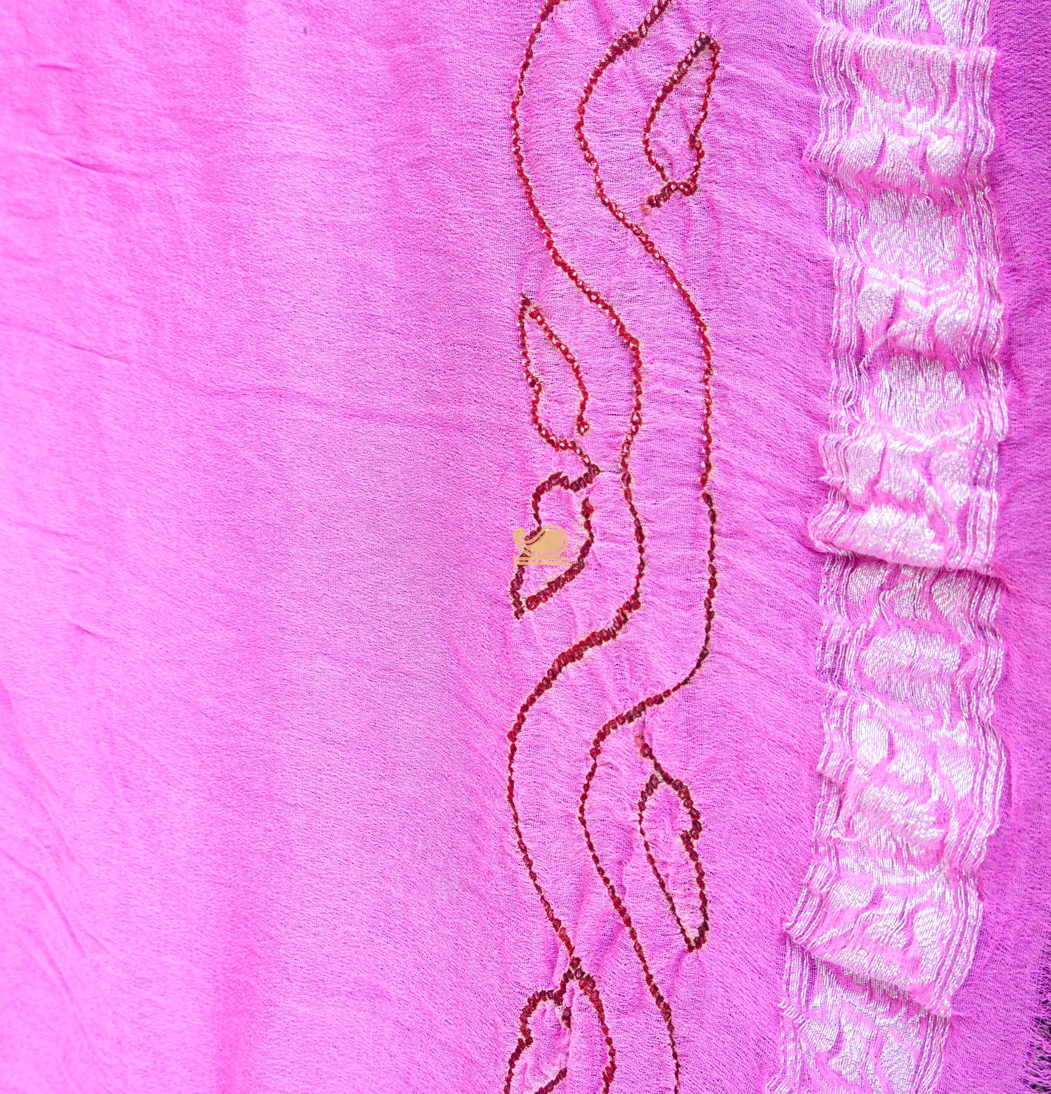Pink &amp; White Pure Georgette Handloom Banarasi Bandhani Saree - Khinkhwab