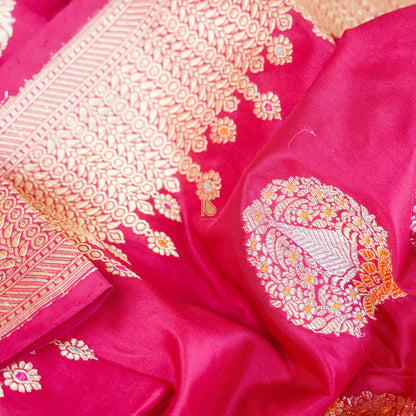 Cerise Pink Handwoven Pure Katan Silk Mor Banarasi Kadwa Dupatta - Khinkhwab