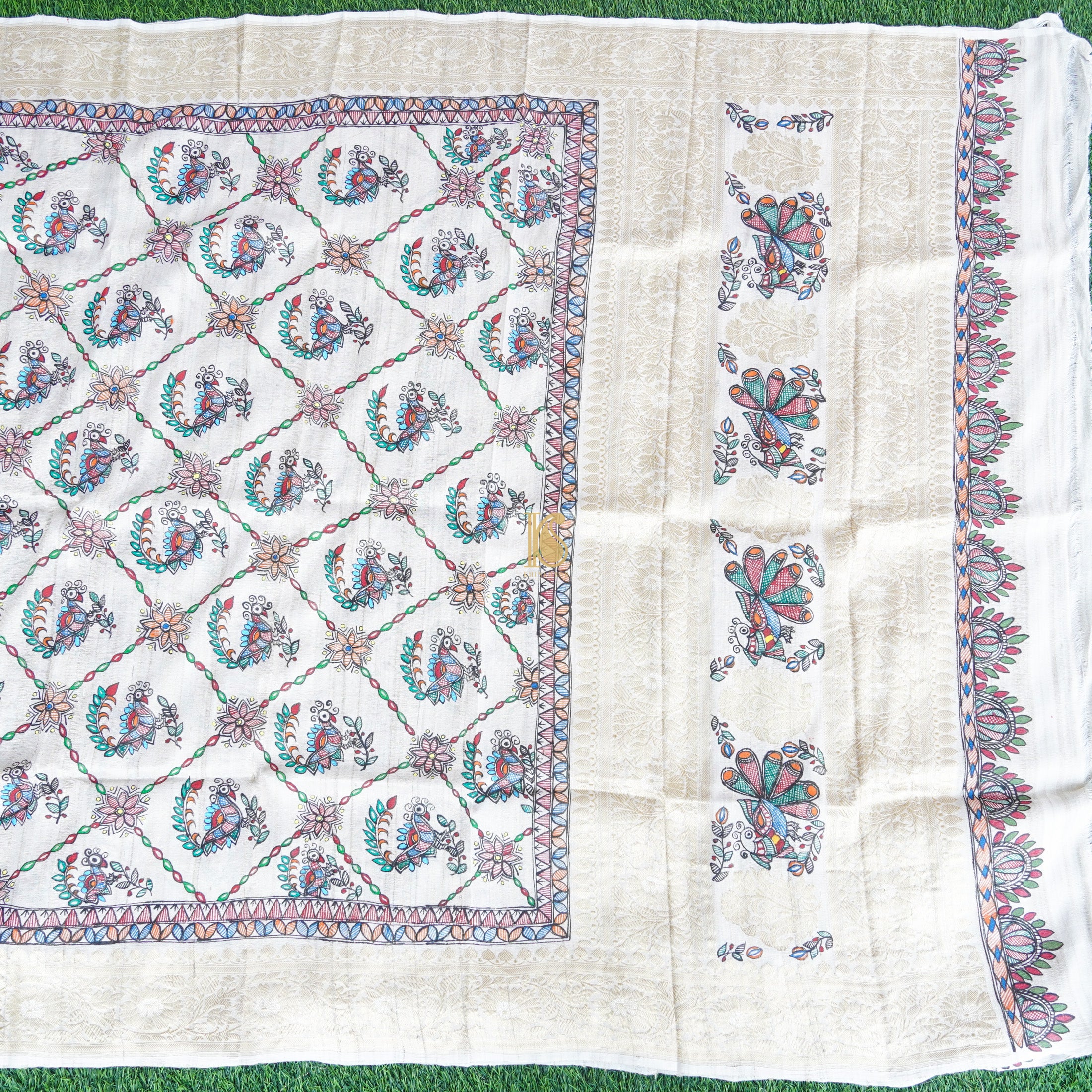Handloom Pure Tussar Silk Hand Painted Madhubani Peacock Banarasi Dupatta - Khinkhwab