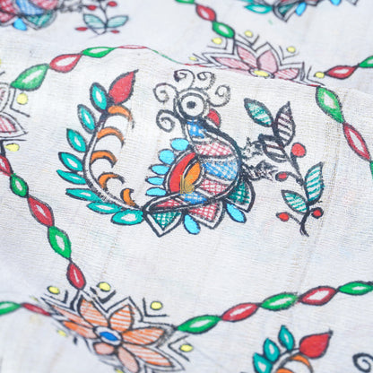 Handloom Pure Tussar Silk Hand Painted Madhubani Peacock Banarasi Dupatta - Khinkhwab