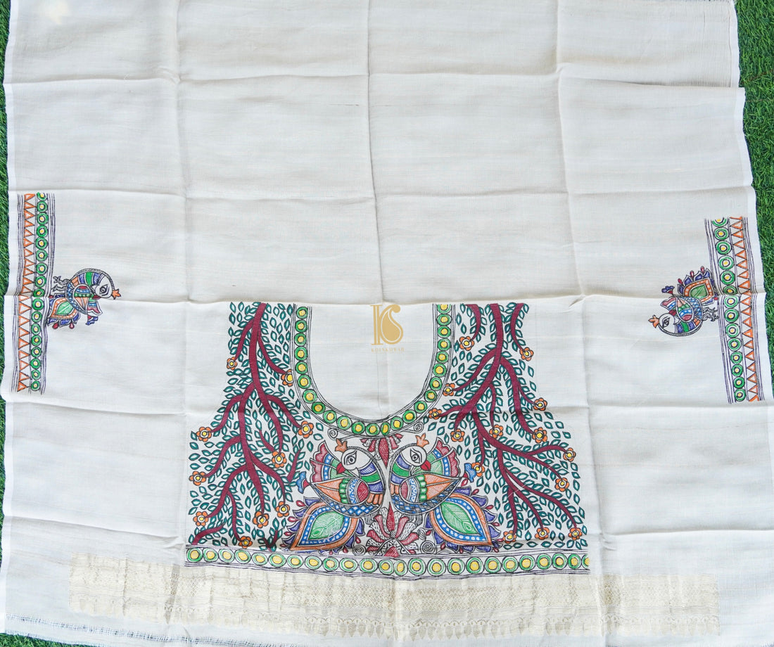 Handloom Pure Tussar Silk Hand Painted Madhubani Banarasi Blouse Piece - Khinkhwab