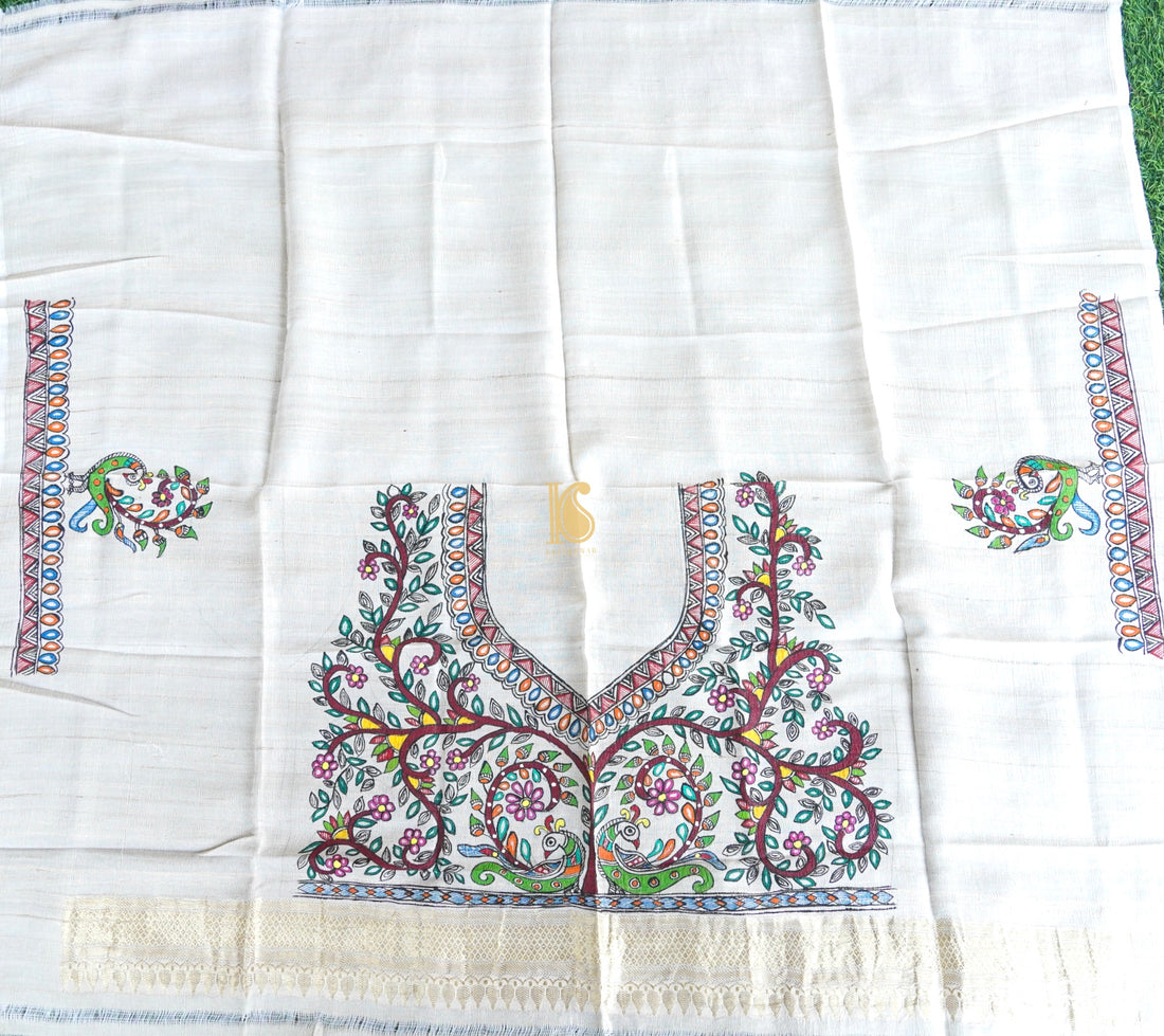 Handloom Pure Tussar Silk Hand Painted Madhubani Banarasi Blouse Piece - Khinkhwab