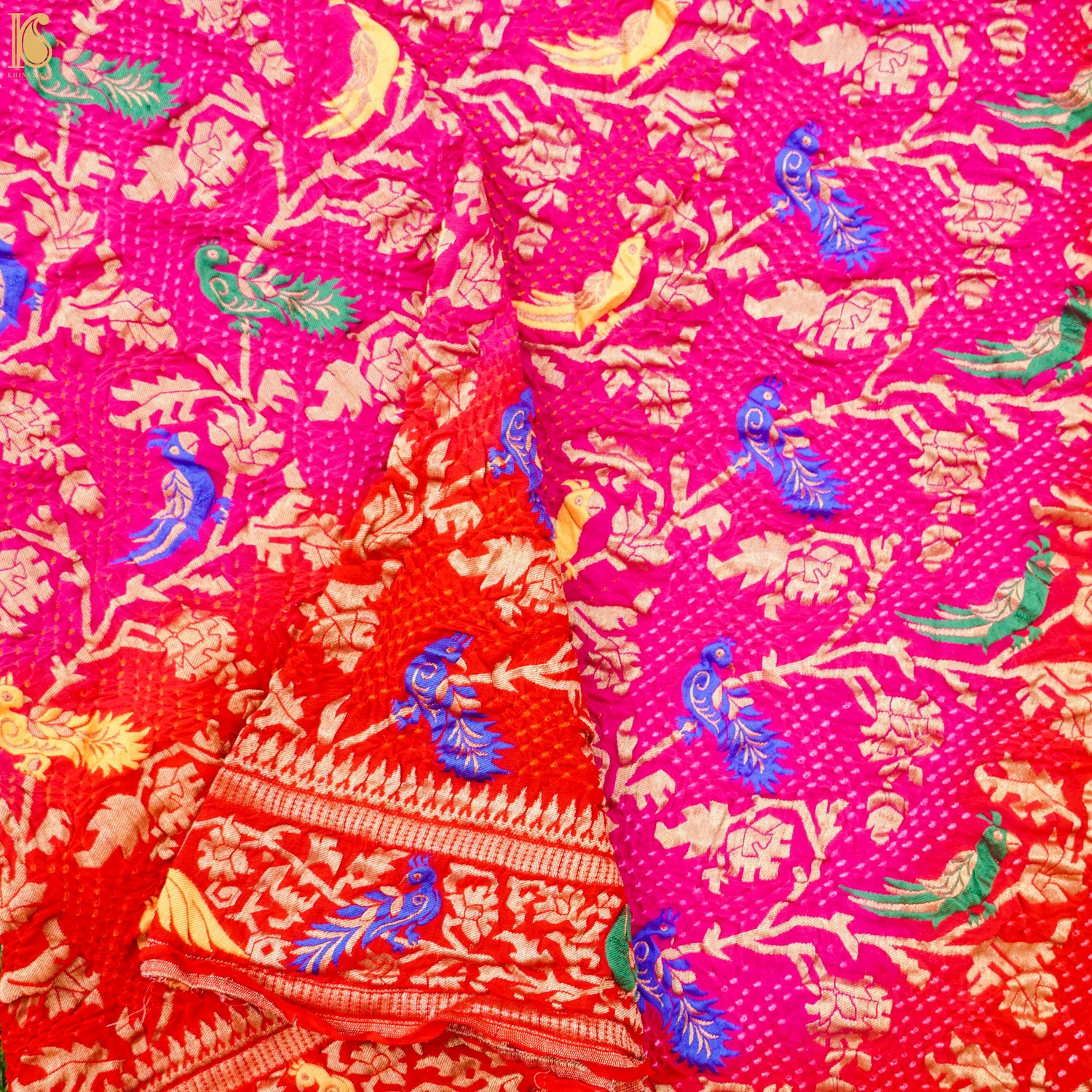 Red &amp; Pink Georgette Bandhani Handloom Banarasi Shikargah Dupatta - Khinkhwab