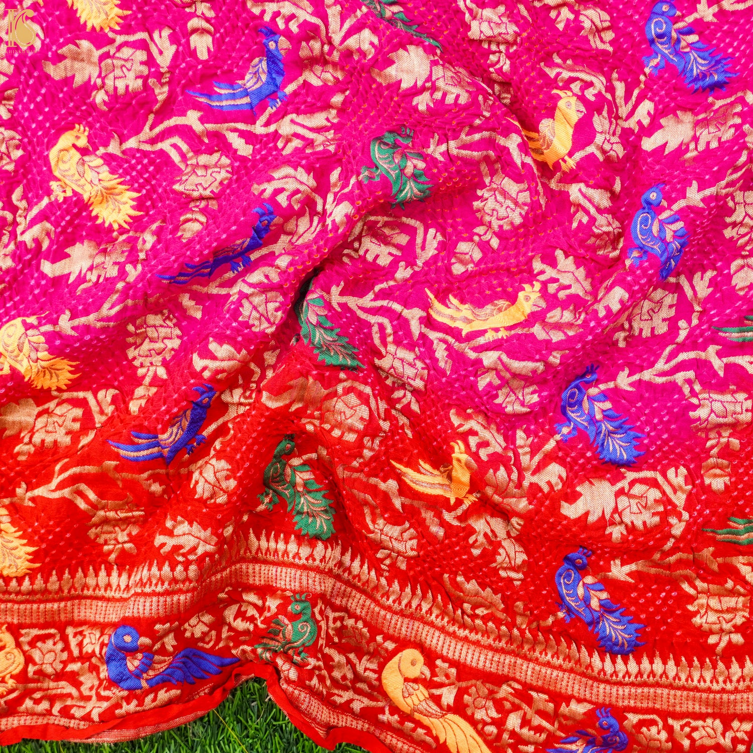 Red &amp; Pink Georgette Bandhani Handloom Banarasi Shikargah Dupatta - Khinkhwab