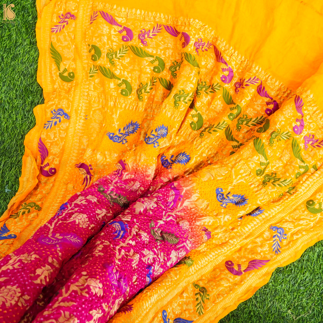 Yellow &amp; Pink Georgette Bandhani Handloom Banarasi Shikargah Dupatta - Khinkhwab