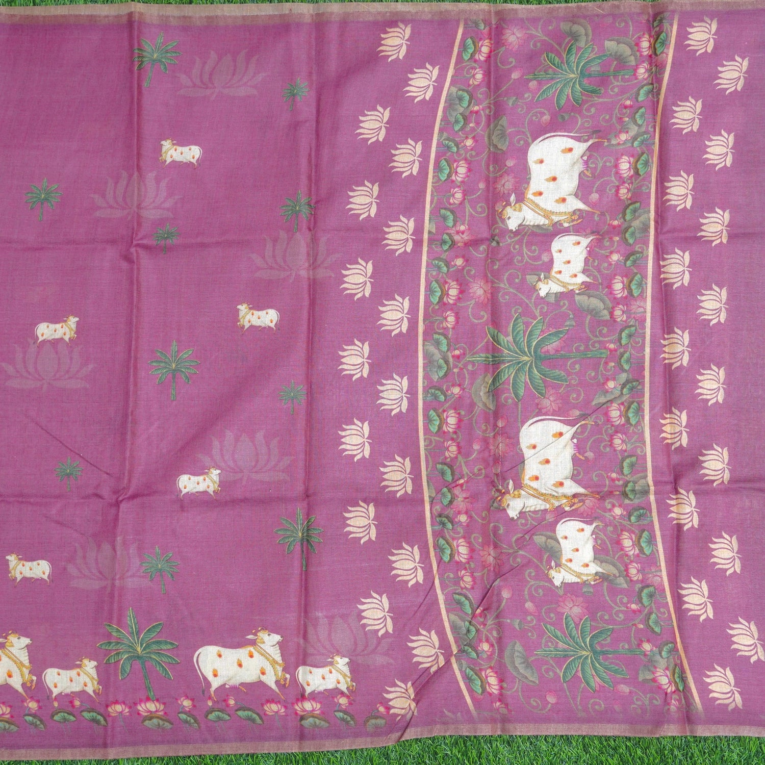 Pure Tussar Silk Cow &amp; Lotus Print Dupatta - Khinkhwab