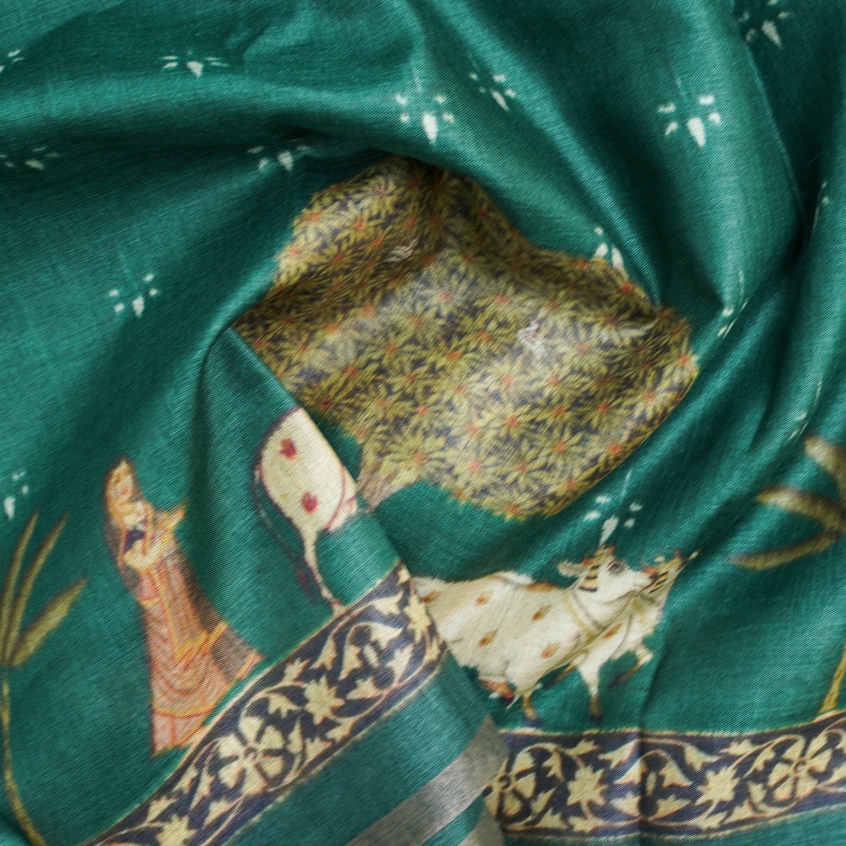 Green Pure Tussar Silk Cow &amp; Lady Print Dupatta - Khinkhwab