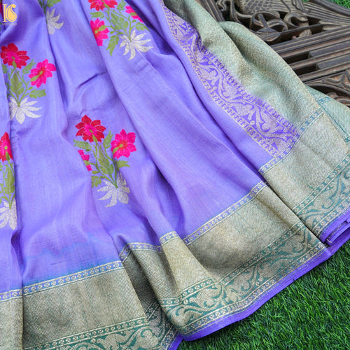 Purple Pure Tussar Georgette Silk Handwoven Kadwa Banarasi Saree - Khinkhwab