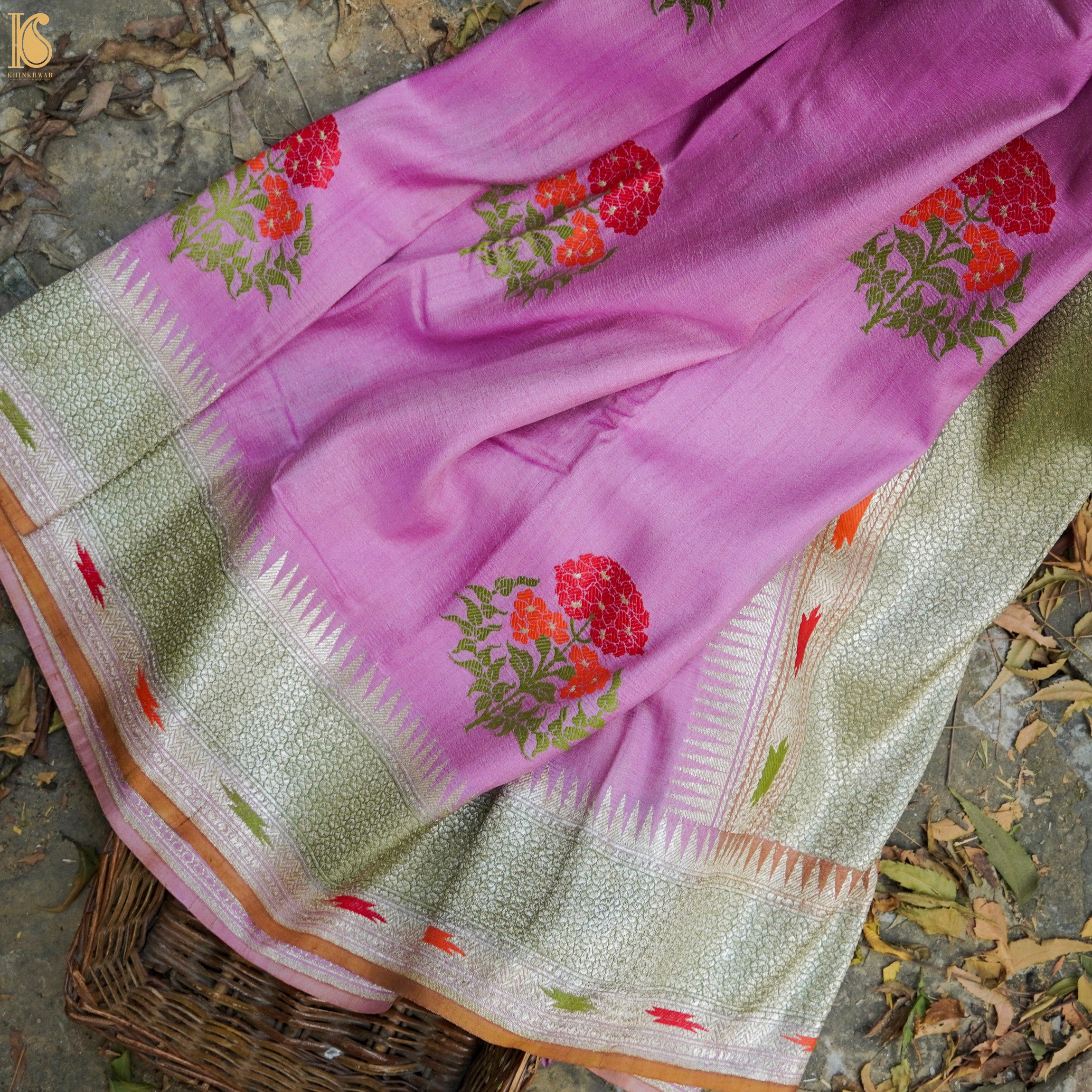 London Hue Pure Tussar Georgette Silk Handwoven Banarasi Kadwa Meenakari Saree - Khinkhwab