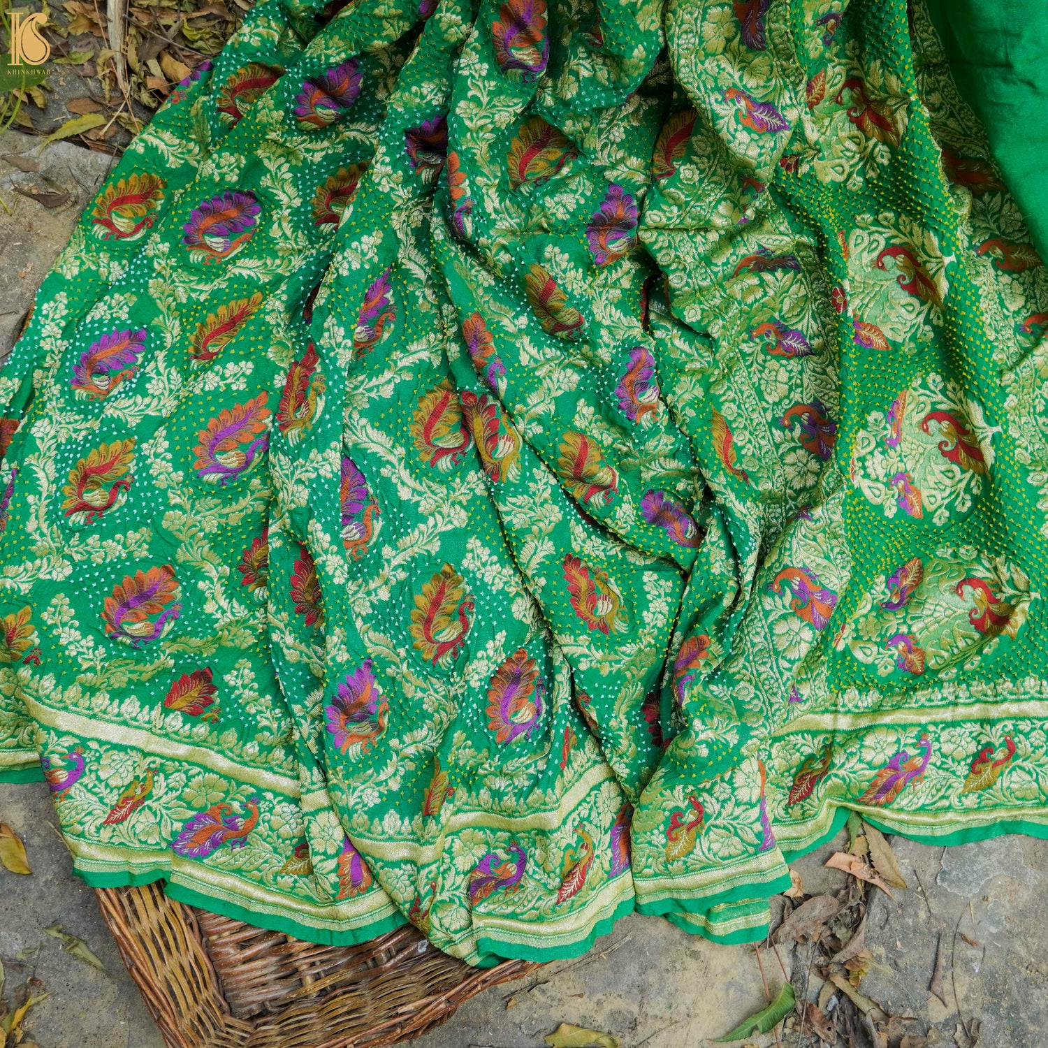Jade Green Pure Georgette Banarasi Peacock Meena Bandhani Saree - Khinkhwab