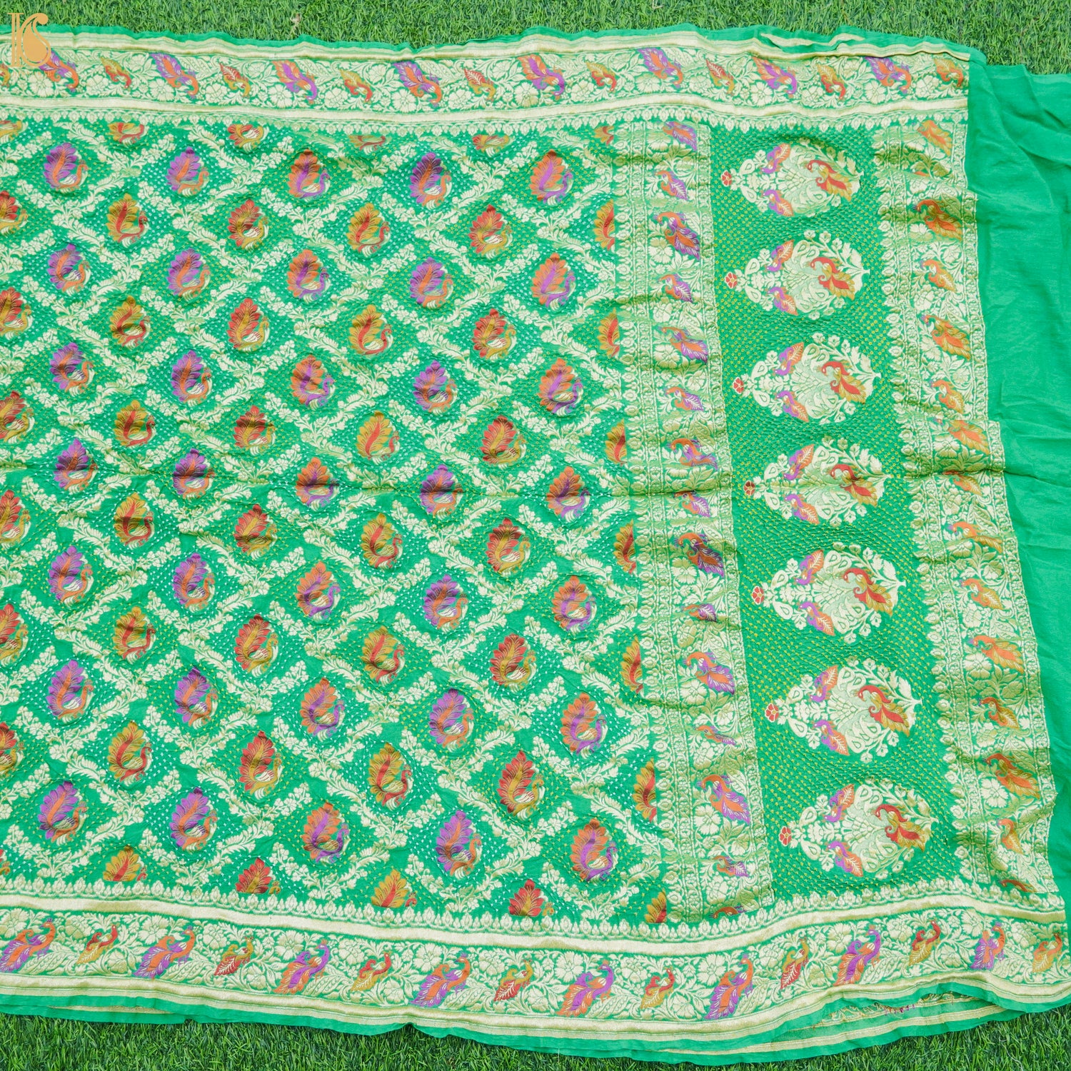 Jade Green Pure Georgette Banarasi Peacock Meena Bandhani Saree - Khinkhwab
