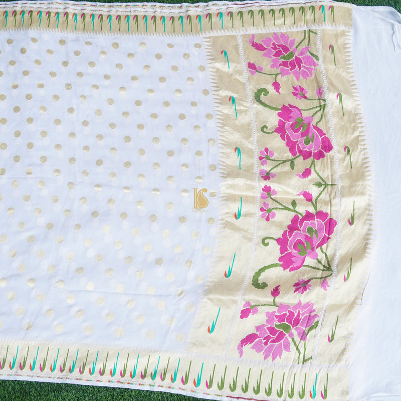 White Handloom Pure Georgette Banarasi Suit Fabric - Khinkhwab
