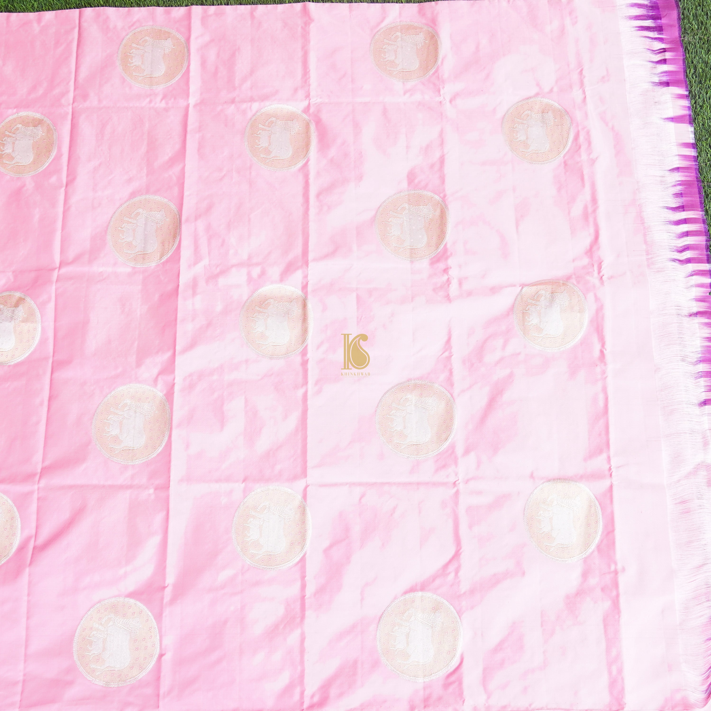 Classic Rose Pink Pure Katan Silk Banarasi Kadwa Cow Fabric - Khinkhwab