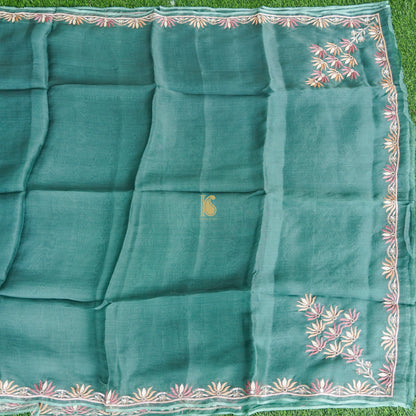 Handwoven Green Pure Georgette Organza Embroidery Saree - Khinkhwab