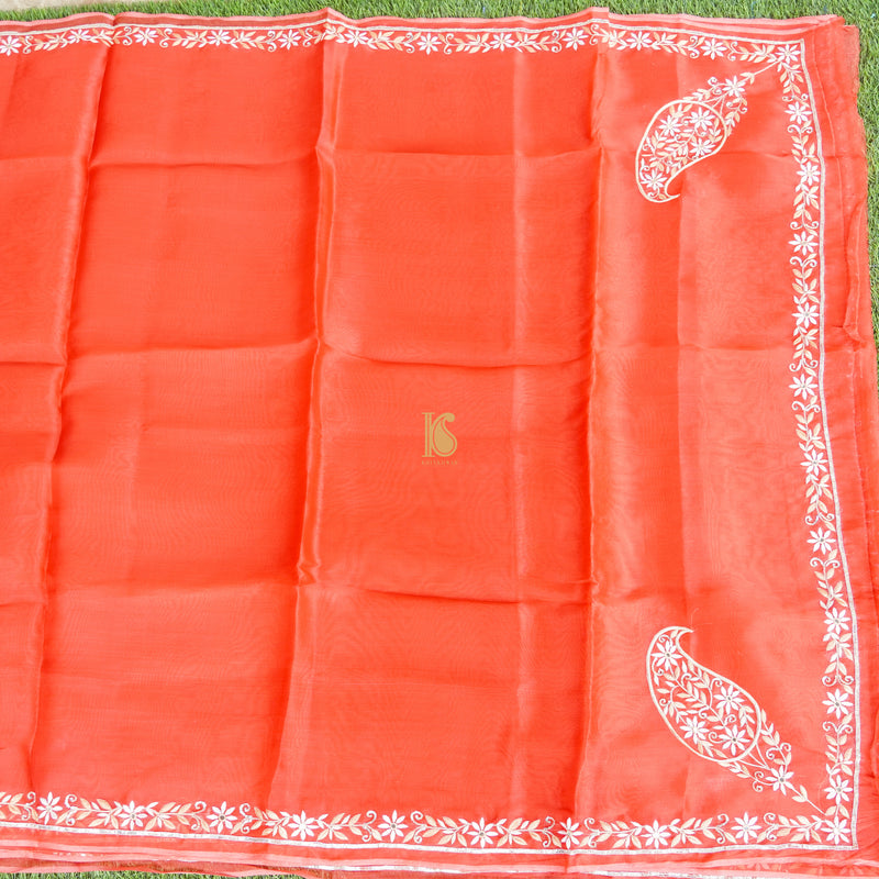 Handwoven Cinnabar Red Pure Organza Embroidery Saree - Khinkhwab